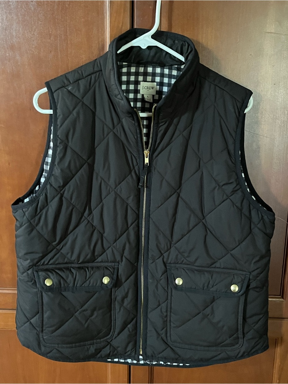 J.Crew Black Quilted Puffer Vest Large Gingham Lined